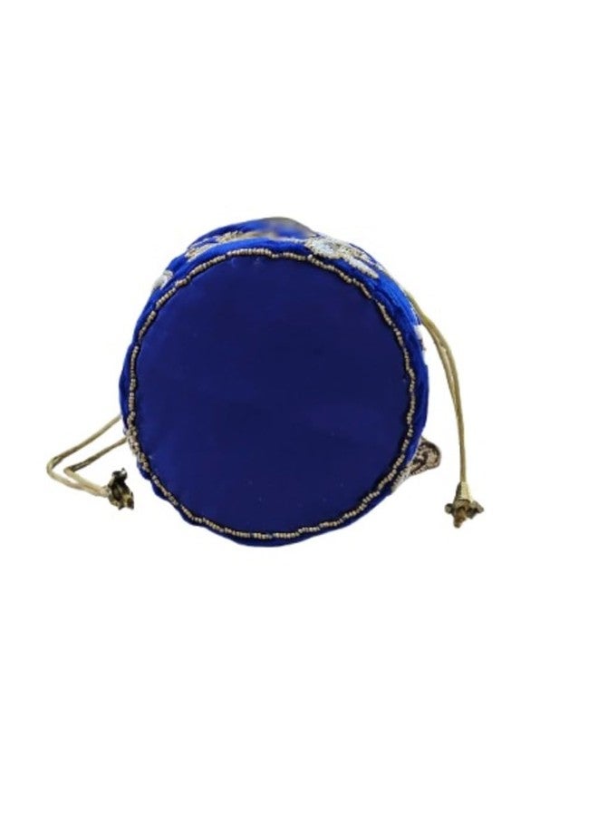SuneshCreation Ethnic Potli Handbag with Beaded Handle, Floral Embroidery, Traditional Drawstring Purse, Velvet Wristlet (blue) - Image 4